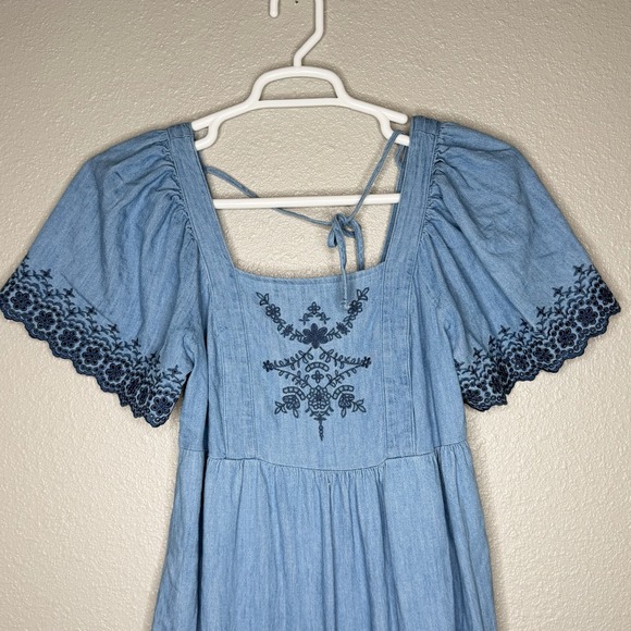 Denim Embroidered Tie Back Midi Maxi Dress Boho Prairie Cottagecore Western S - Picture 3 of 11